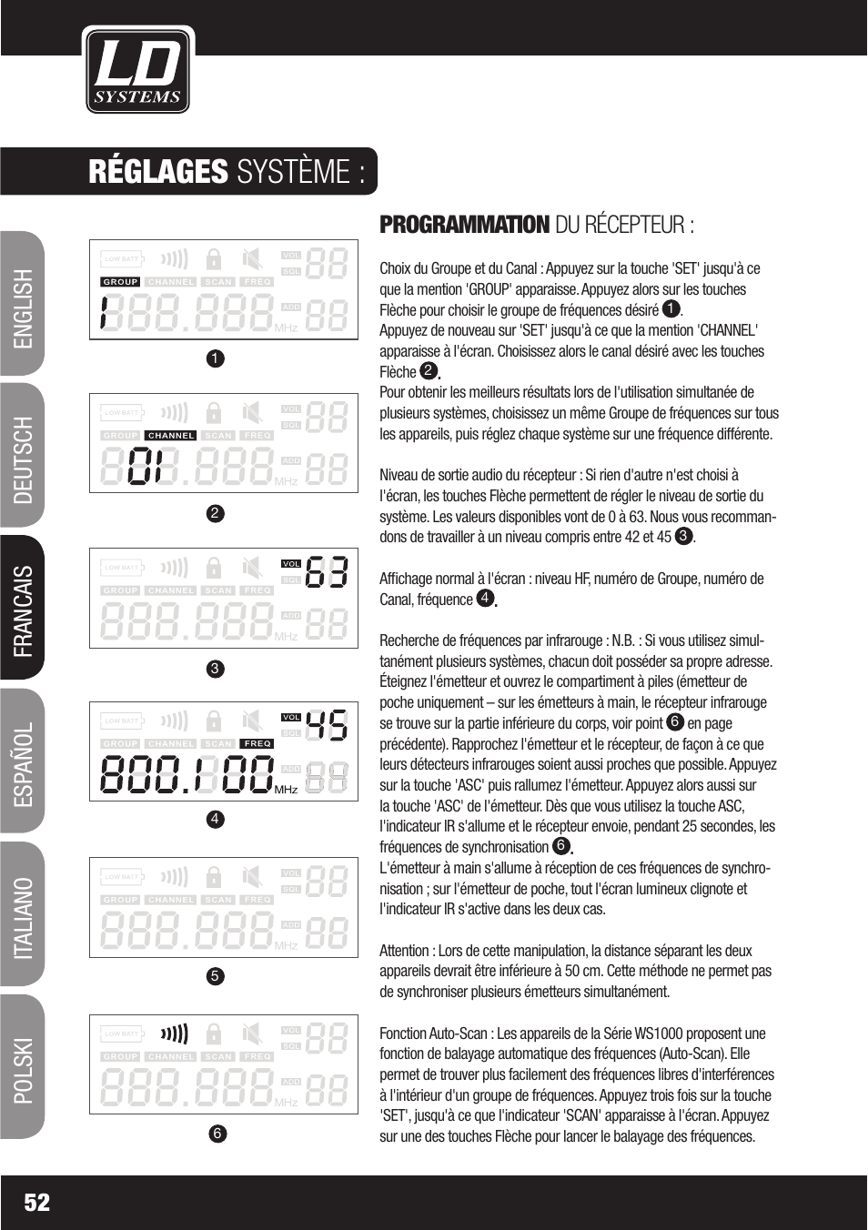 Réglages système, Programmation du récepteur | LD Systems WS1000(2)(X) User Manual | Page 52 / 128