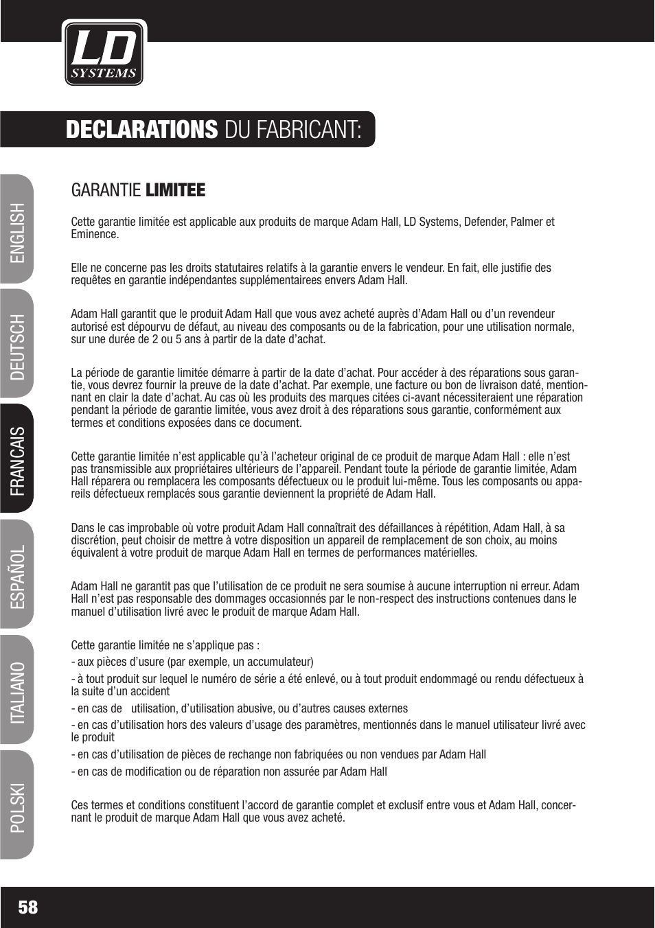 Declarations du fabricant, Garantie limitee, Francais | LD Systems WS1000(2)(X) User Manual | Page 58 / 128