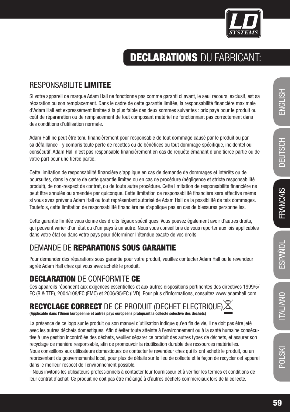 Declarations du fabricant | LD Systems WS1000(2)(X) User Manual | Page 59 / 128