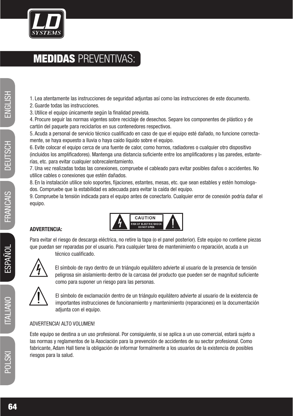 Medidas preventivas, Francais | LD Systems WS1000(2)(X) User Manual | Page 64 / 128