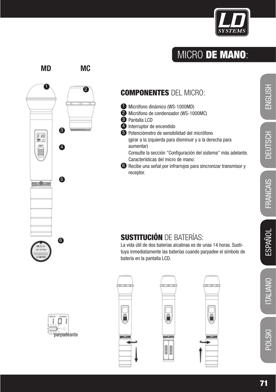 Micro de mano, Componentes del micro, Sustitución de baterías | LD Systems WS1000(2)(X) User Manual | Page 71 / 128
