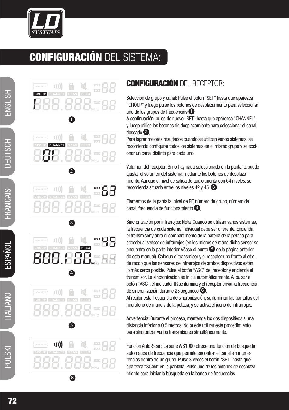 Configuración del sistema, Configuración del receptor | LD Systems WS1000(2)(X) User Manual | Page 72 / 128