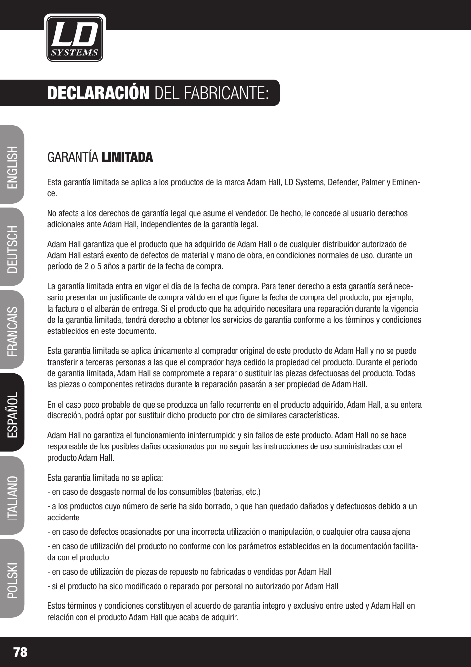 Declaración del fabricante | LD Systems WS1000(2)(X) User Manual | Page 78 / 128