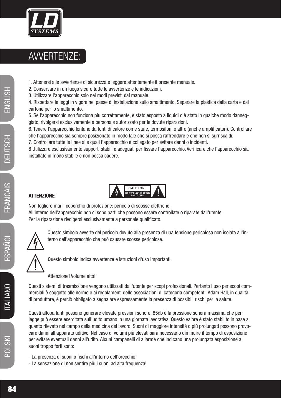 Avvertenze, Francais | LD Systems WS1000(2)(X) User Manual | Page 84 / 128