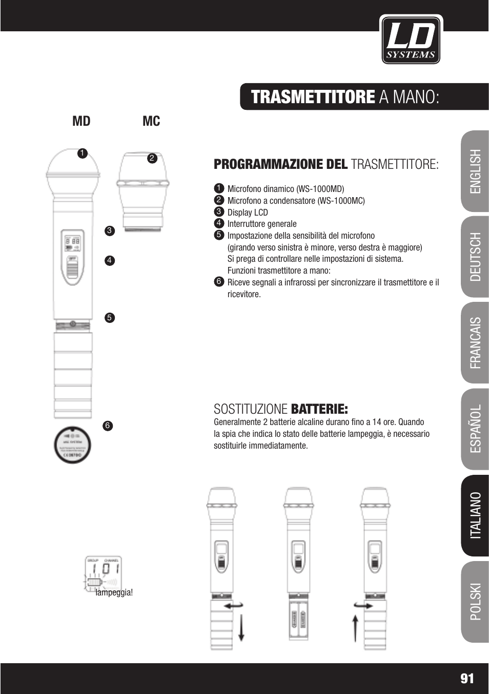 Trasmettitore a mano, Programmazione del trasmettitore, Sostituzione batterie | LD Systems WS1000(2)(X) User Manual | Page 91 / 128