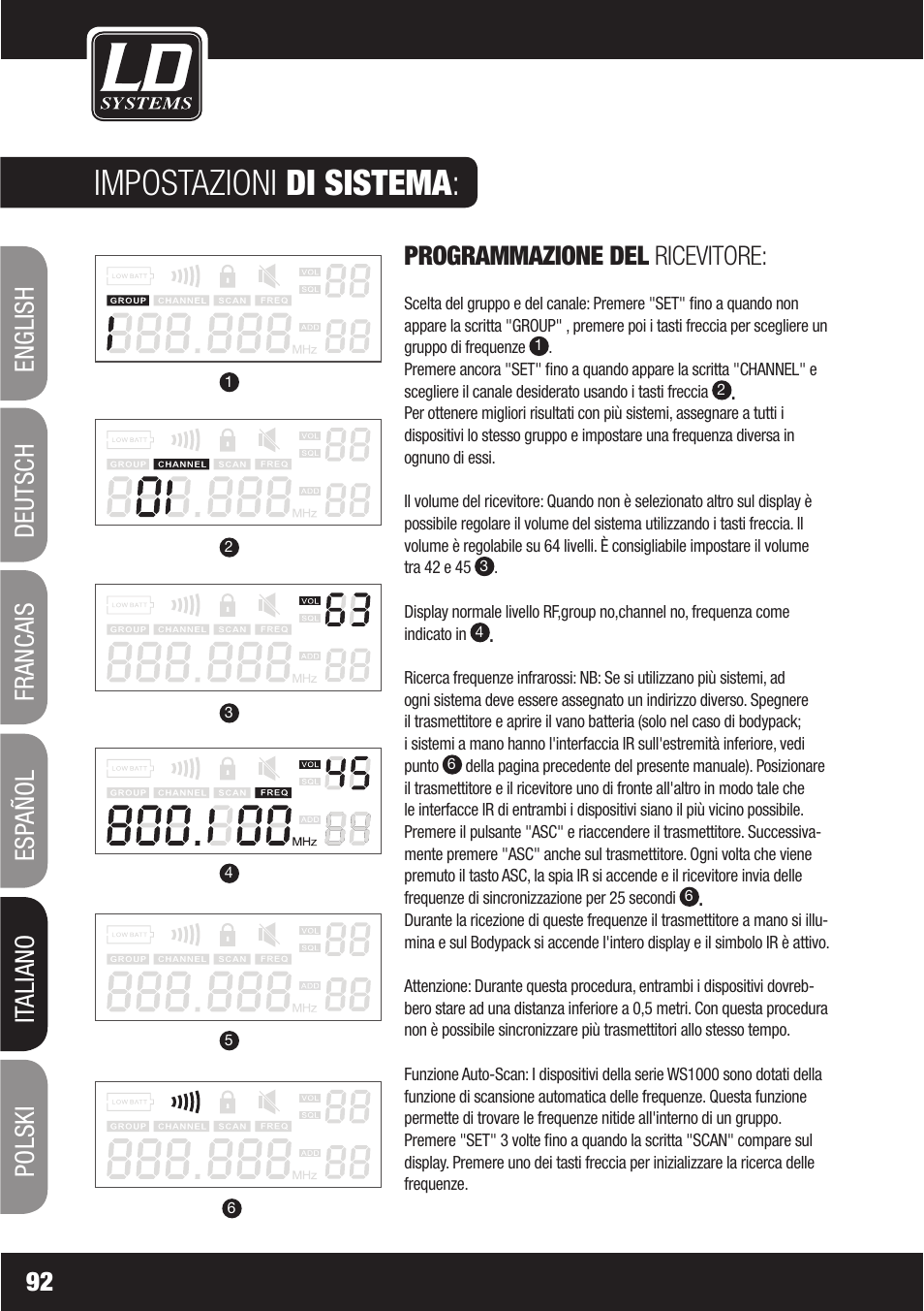 Impostazioni di sistema, Programmazione del ricevitore | LD Systems WS1000(2)(X) User Manual | Page 92 / 128