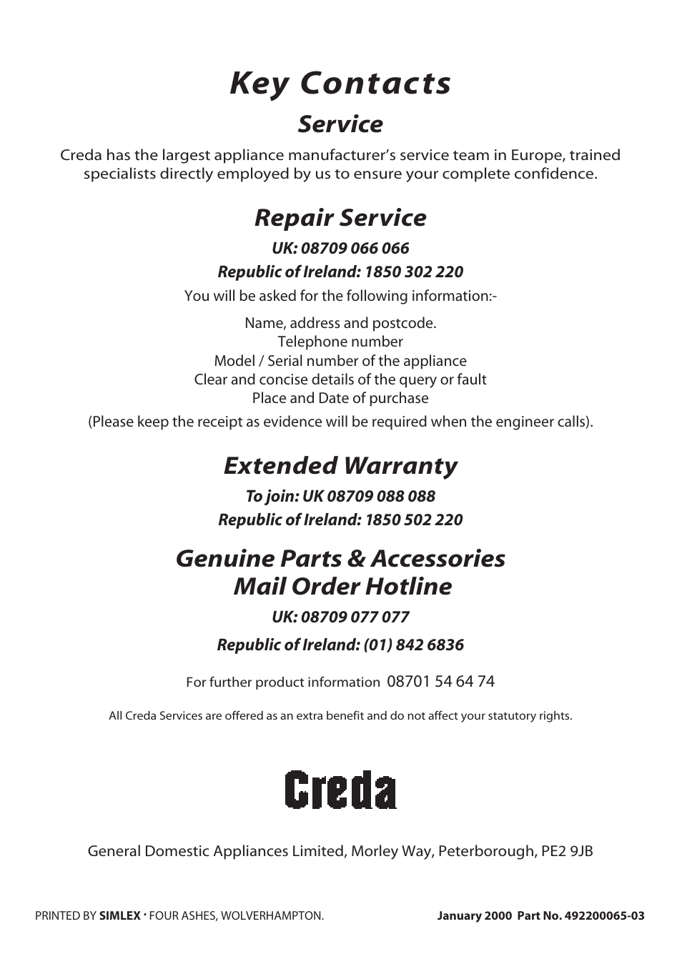 Key contacts, Service, Repair service | Extended warranty, Genuine parts & accessories mail order hotline | Creda H150E User Manual | Page 24 / 24