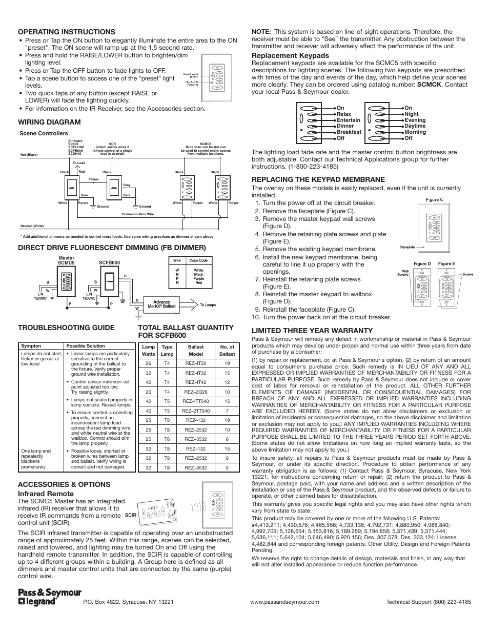 Operating instructions, Replacement keypads, Replacing the keypad membrane | Limited three year warranty | Legrand SC600IV User Manual | Page 2 / 2