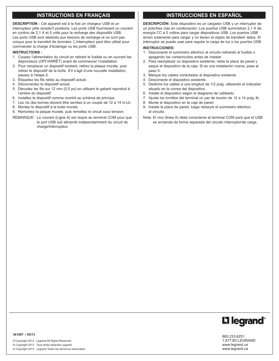 Instructions en français instrucciones en español | Legrand TM83USBBKCC6 User Manual | Page 2 / 2