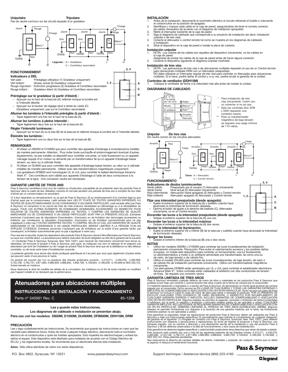 Atenuadores para ubicaciones múltiples, Instrucciones de instalación y funcionamiento | Legrand DLV600MIV User Manual | Page 2 / 2