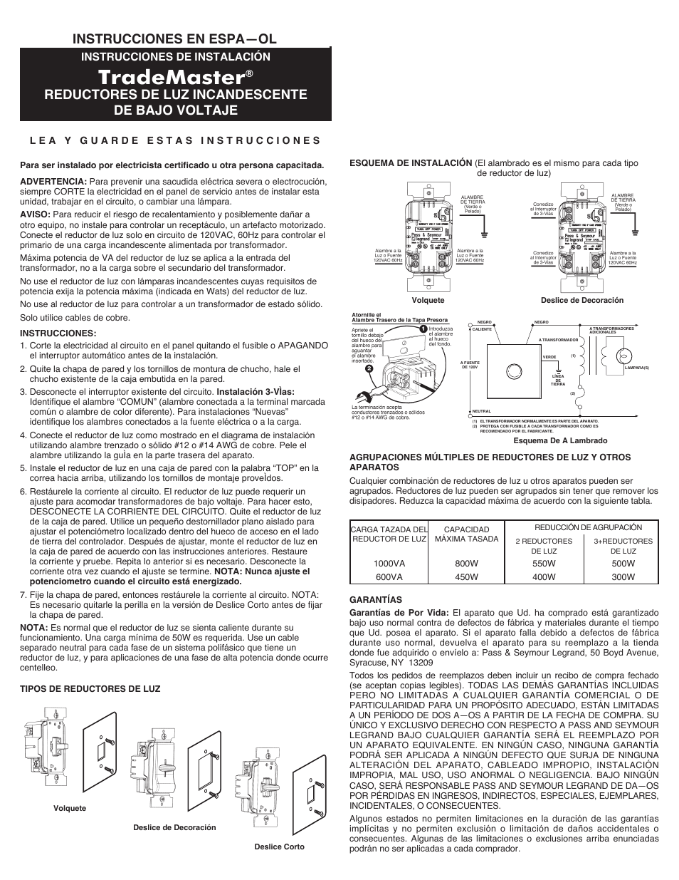 Trademaster, Instrucciones de instalación | Legrand SSLV1003I User Manual | Page 2 / 4