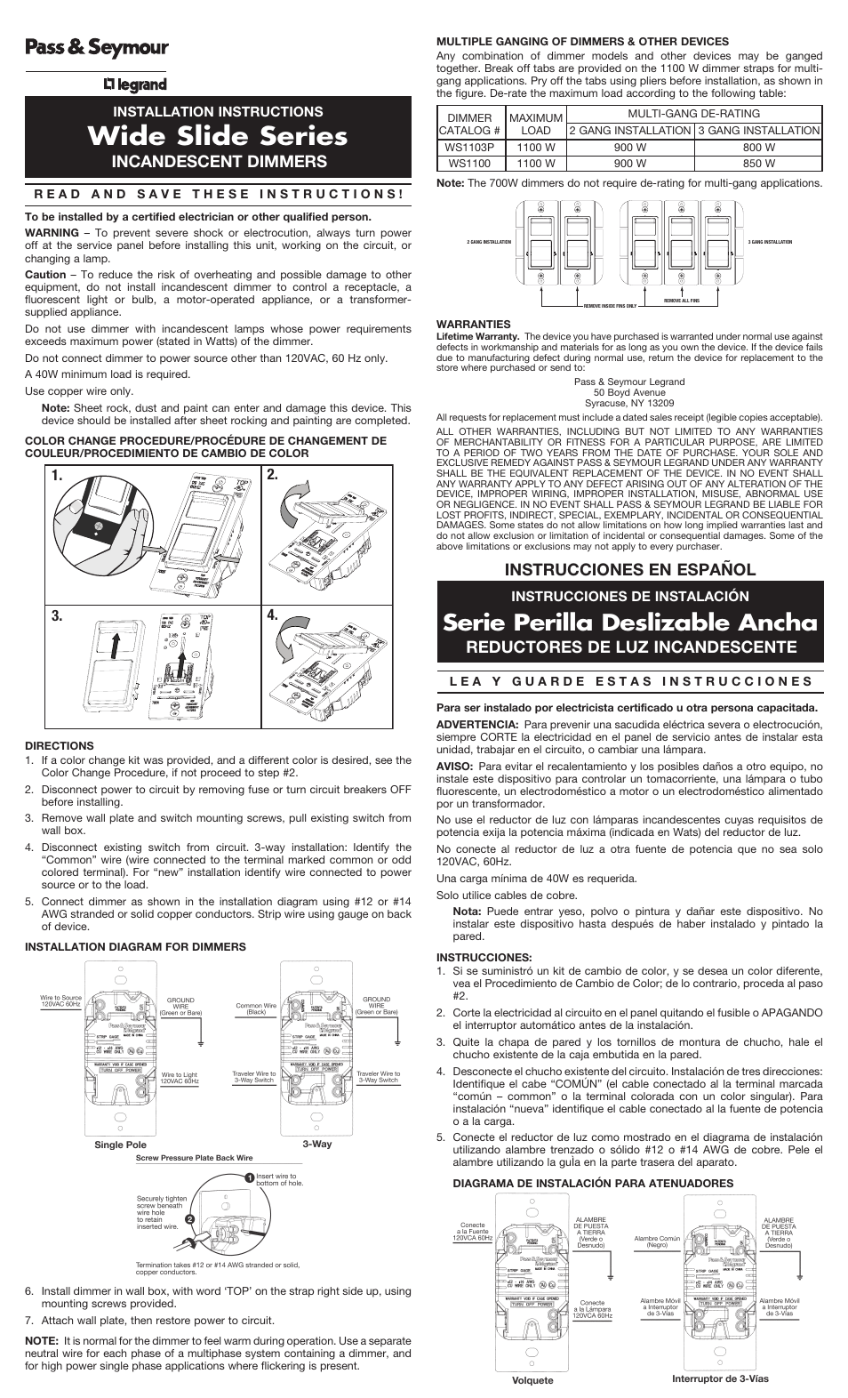 Legrand WSLV700TC Incandescent Dimmers User Manual | 2 pages