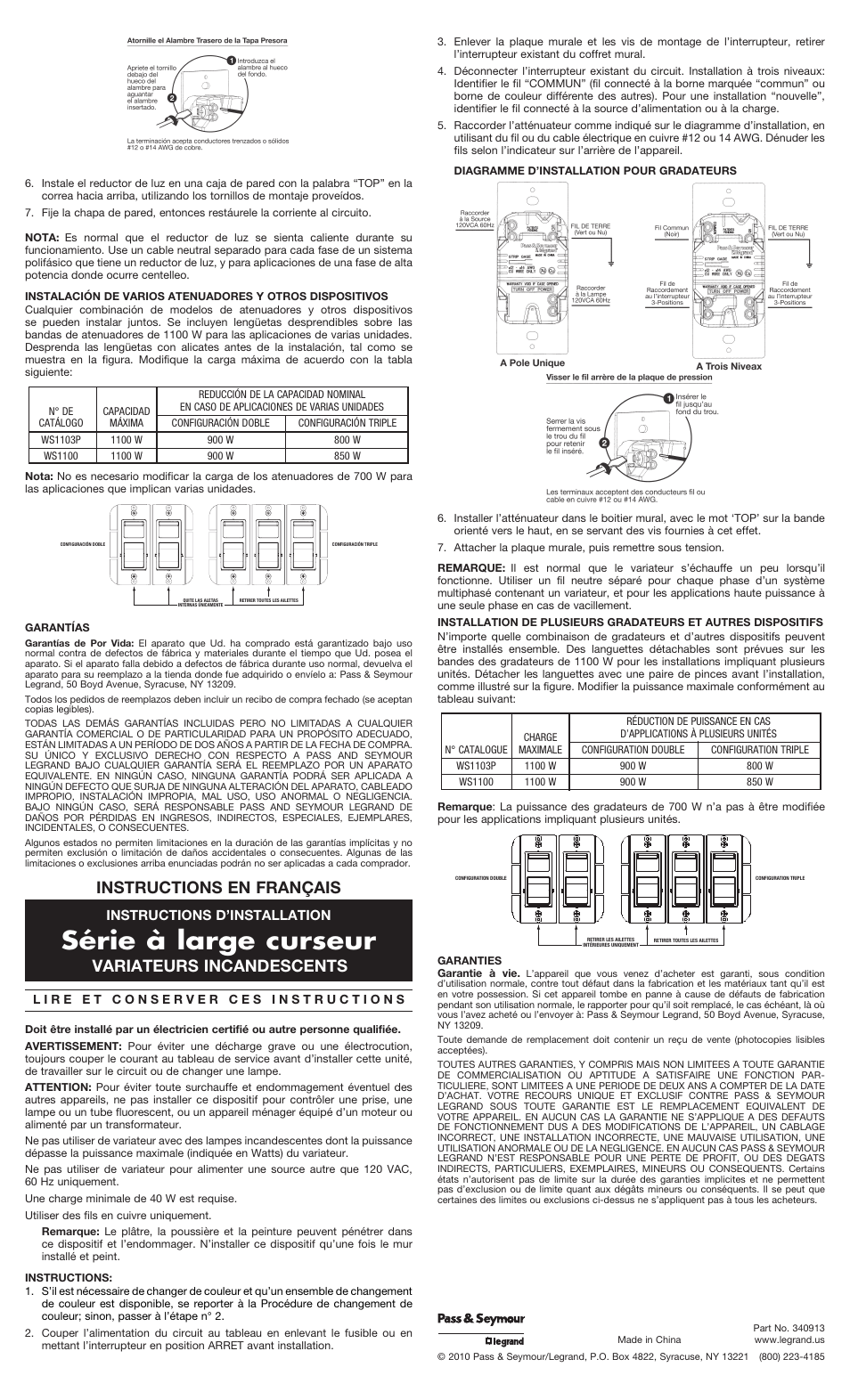 Série à large curseur, Instructions en français, Variateurs incandescents | Instructions d’installation | Legrand WSLV700TC Incandescent Dimmers User Manual | Page 2 / 2