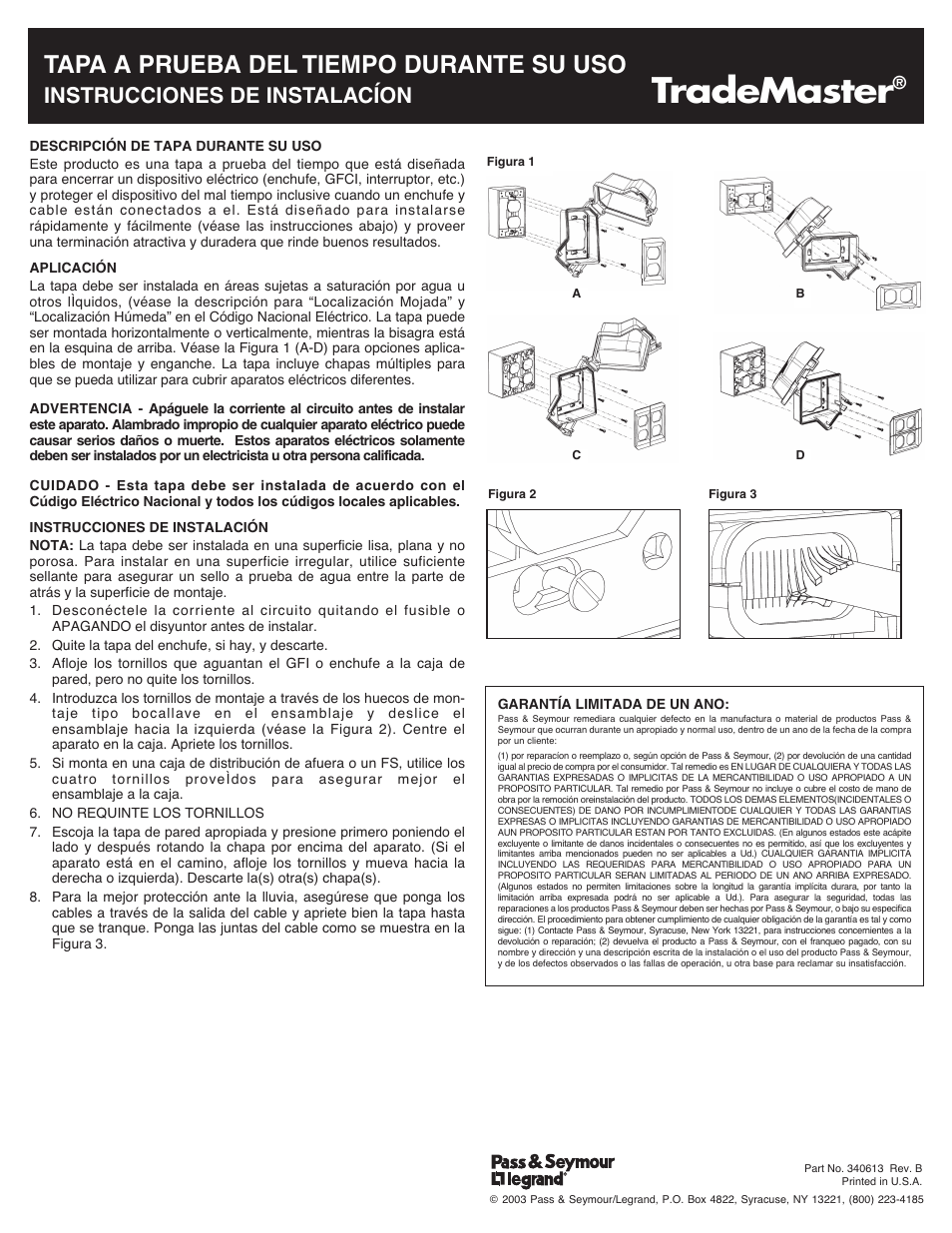Trademaster, Tapa a prueba del tiempo durante su uso, Instrucciones de instalacíon | Legrand WIUC20GL User Manual | Page 2 / 2