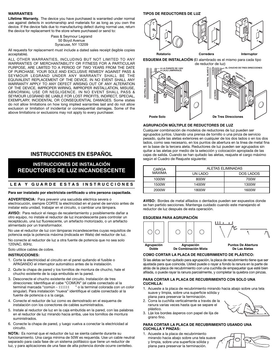 Reductores de luz incandescente, Instrucciones en español, Instrucciones de instalación | Legrand 92080GRY User Manual | Page 2 / 4