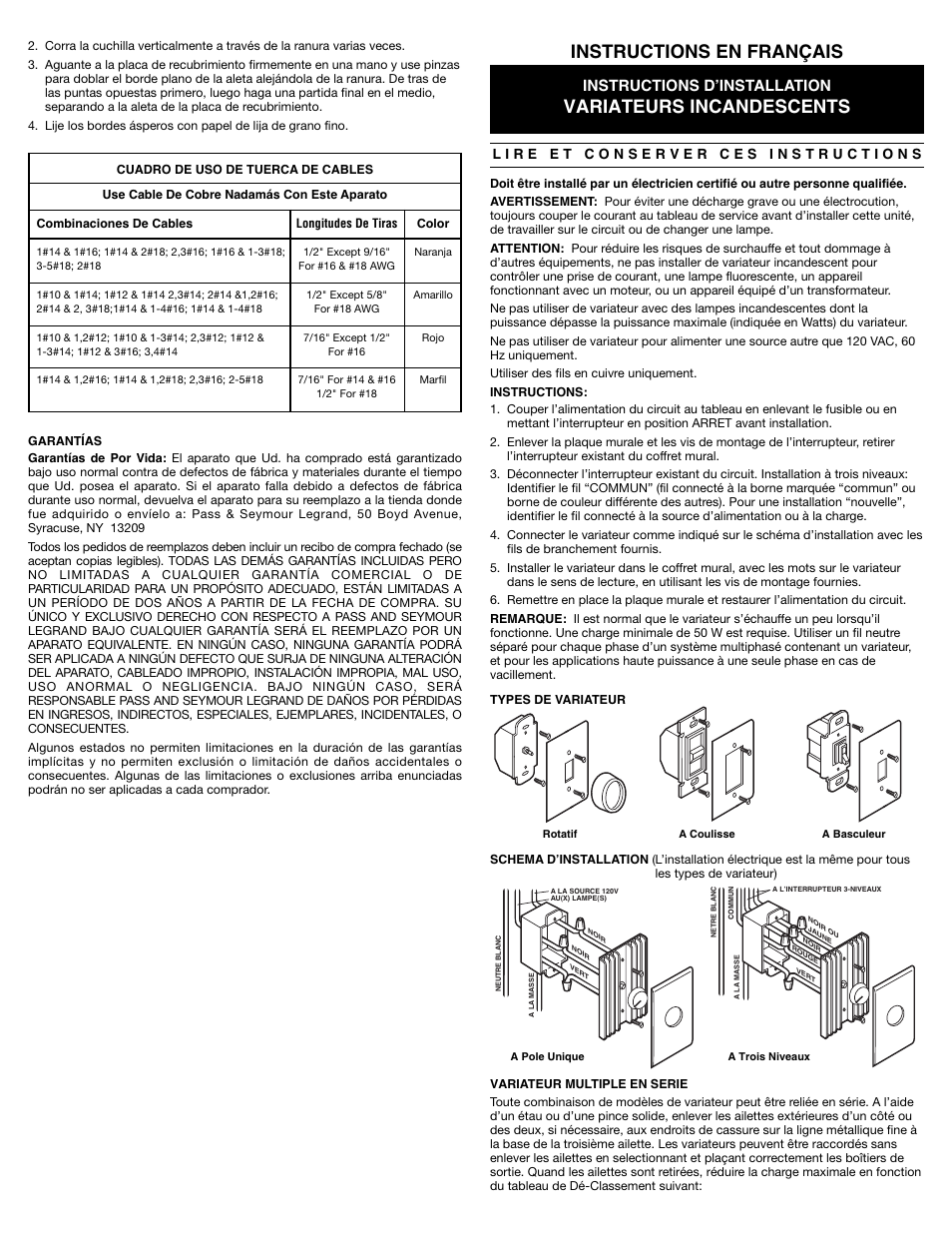 Variateurs incandescents instructions en français, Instructions dʼinstallation | Legrand 92080GRY User Manual | Page 3 / 4