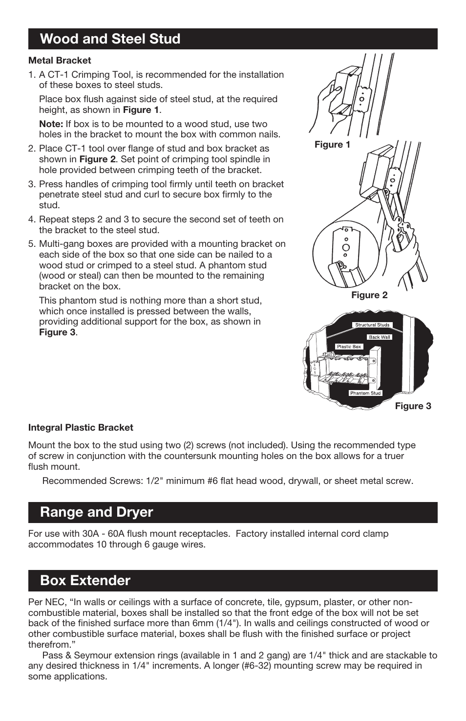 Wood and steel stud, Range and dryer, Box extender | Legrand C118RAC User Manual | Page 2 / 4