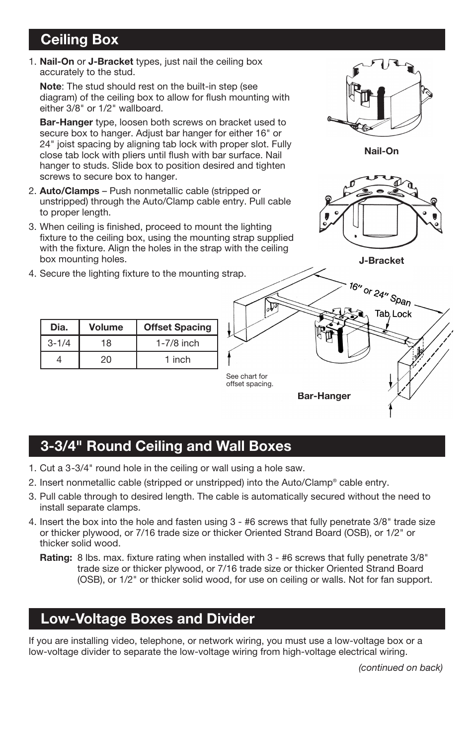 Ceiling box, 3/4" round ceiling and wall boxes, Low-voltage boxes and divider | Legrand C118RAC User Manual | Page 3 / 4