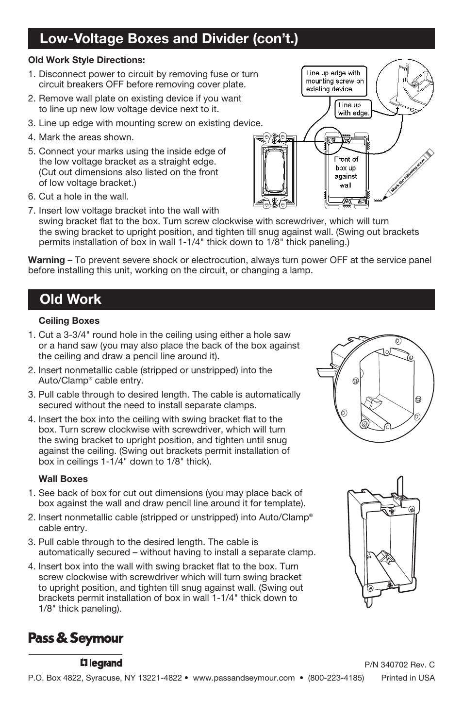 Old work, Low-voltage boxes and divider (con’t.) | Legrand C118RAC User Manual | Page 4 / 4