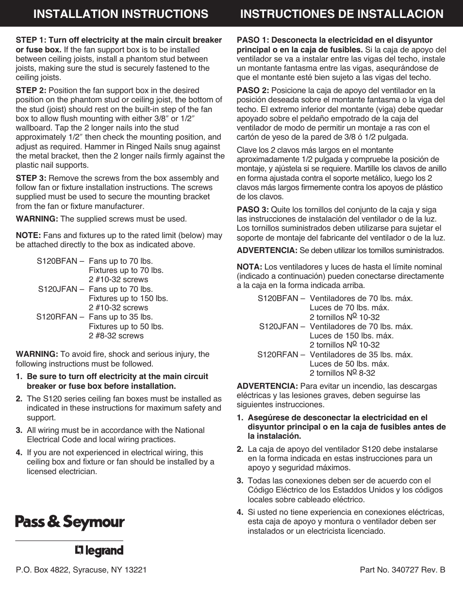 Legrand S120RFAN User Manual | 1 page