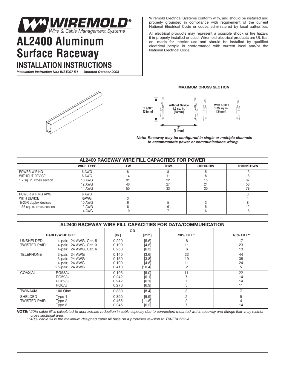 Legrand AL2040A Aluminum Surface Raceway User Manual | 4 pages