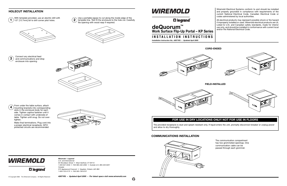 Legrand K/KP deQuorum Worksurface Flip-Up Portal User Manual | 2 pages