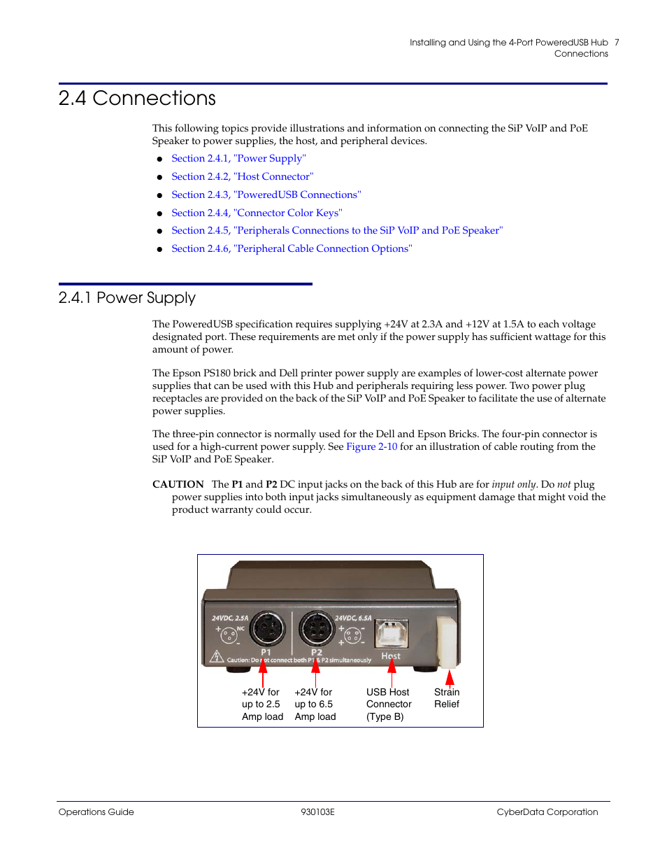 4 connections, 1 power supply, Section 2.4, "connections | CyberData 010807 User Manual | Page 10 / 24