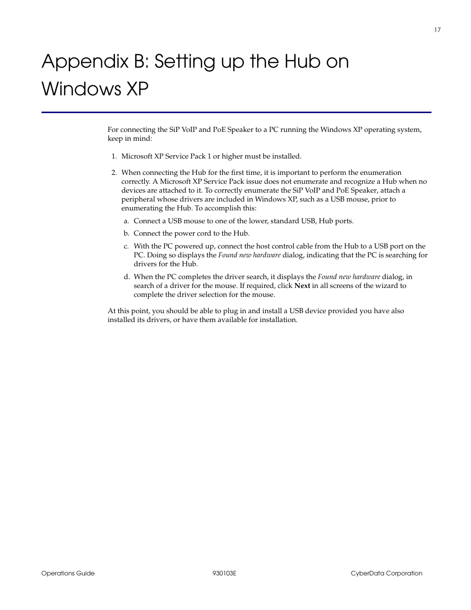 Appendix b: setting up the hub on windows xp, Appendix b setting up the hub on windows xp | CyberData 010807 User Manual | Page 20 / 24