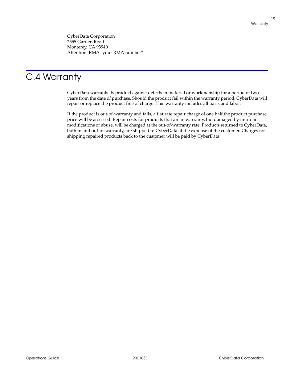 C.4 warranty | CyberData 010807 User Manual | Page 22 / 24