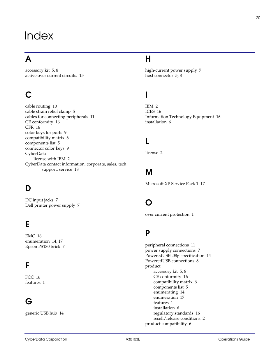 Index, Index 20 | CyberData 010807 User Manual | Page 23 / 24