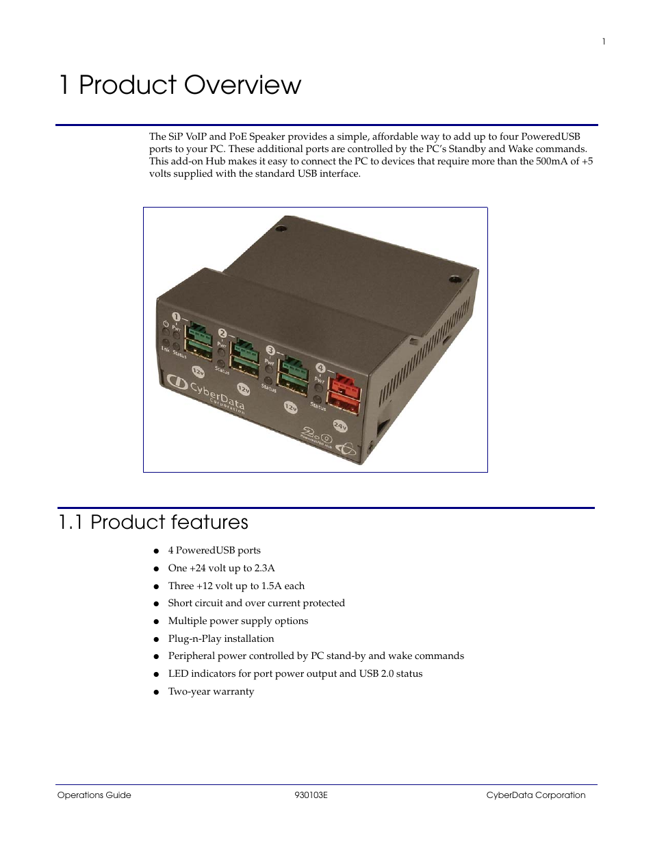 1 product overview, 1 product features, Chapter 1 product overview | CyberData 010807 User Manual | Page 4 / 24