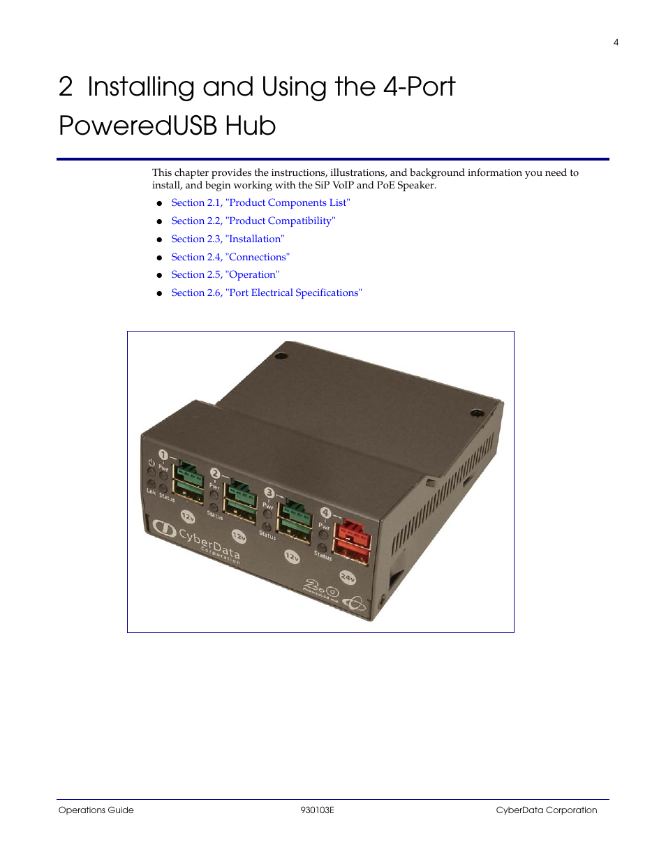 2 installing and using the 4-port poweredusb hub | CyberData 010807 User Manual | Page 7 / 24