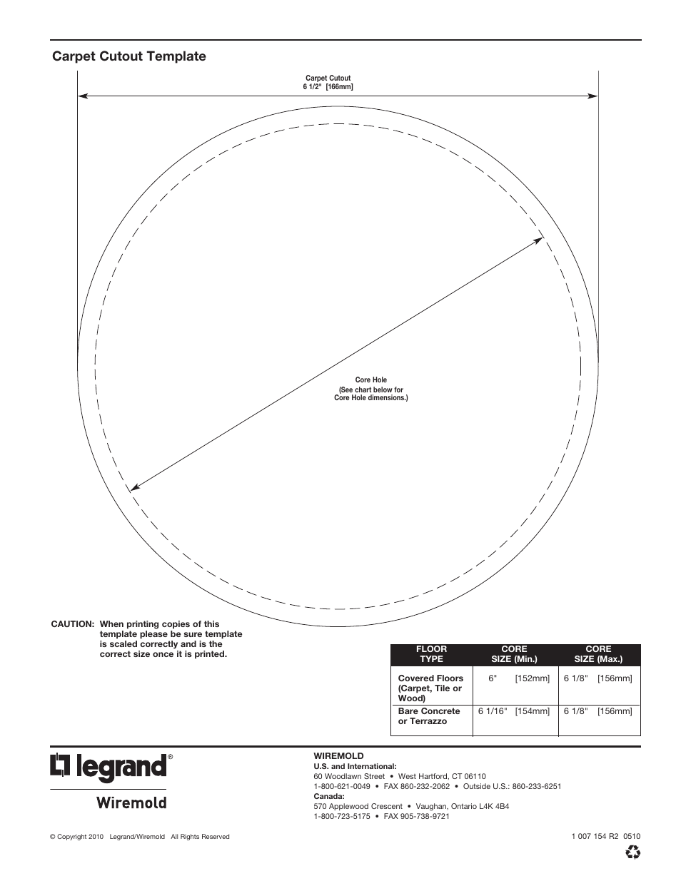 Carpet cutout template | Legrand 68REC User Manual | Page 8 / 8