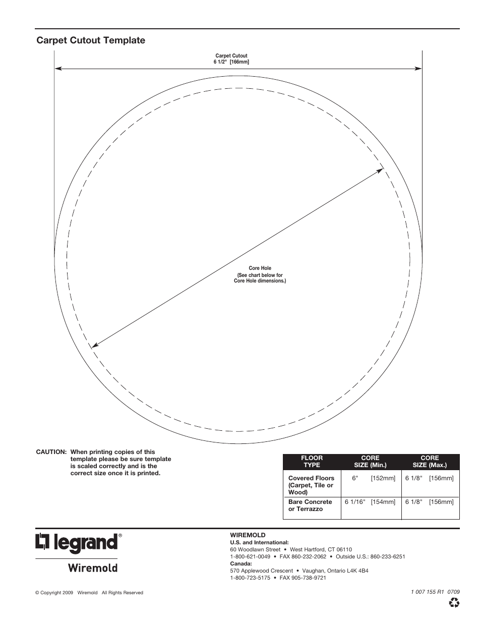 Carpet cutout template | Legrand 152CHA User Manual | Page 8 / 8