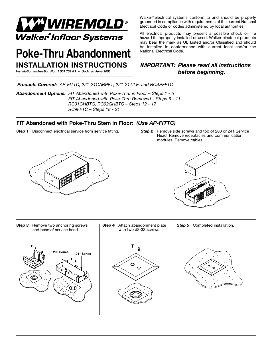 Legrand FITFIT Multi-Service Poke-Thru Device Abandonments User Manual | 6 pages