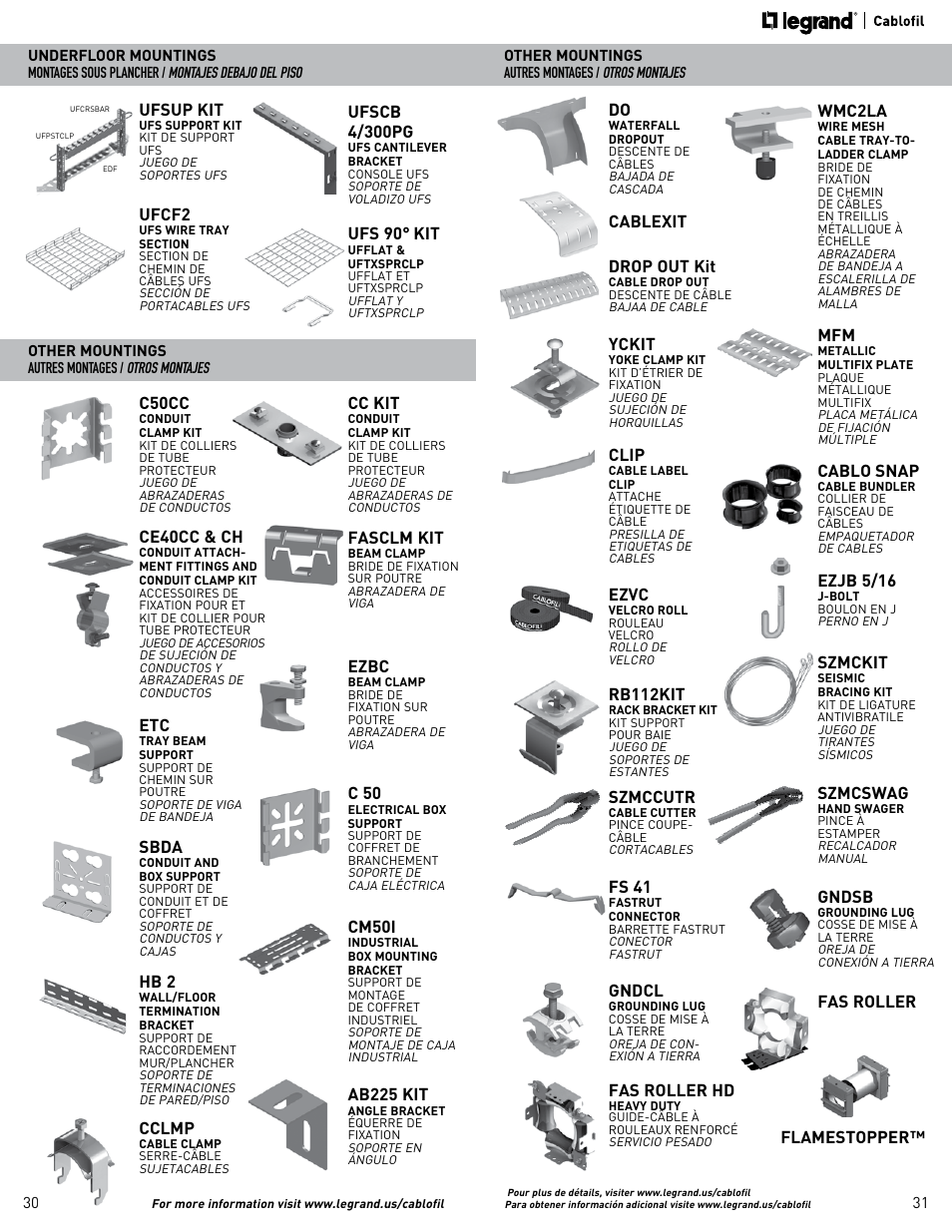 Szmckit, Yckit, Szmcswag | Gndcl, Rb112kit, Fs 41, Szmccutr, Gndsb, Flamestopper, Fasclm kit | Legrand FAS L User Manual | Page 16 / 17