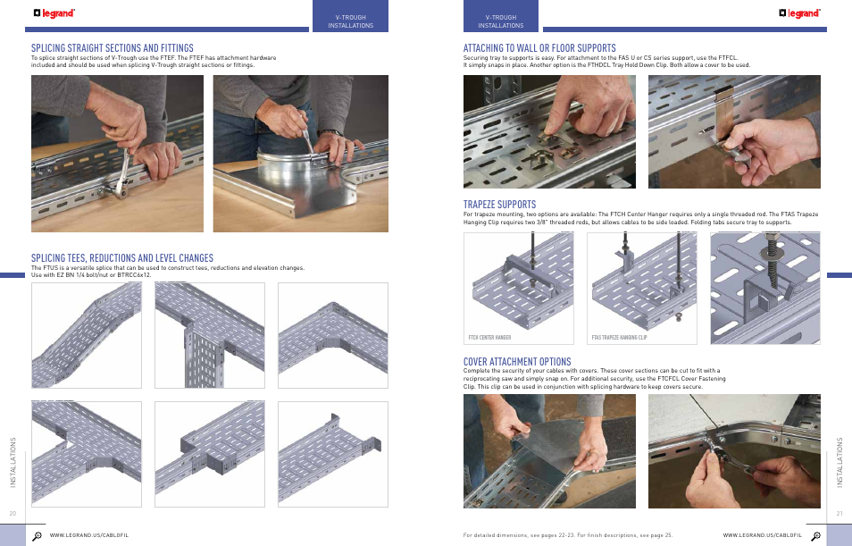 Splicing tees, reductions and level changes, Attaching to wall or floor supports, Cover attachment options | Trapeze supports | Legrand EDF V-Trough User Manual | Page 2 / 2