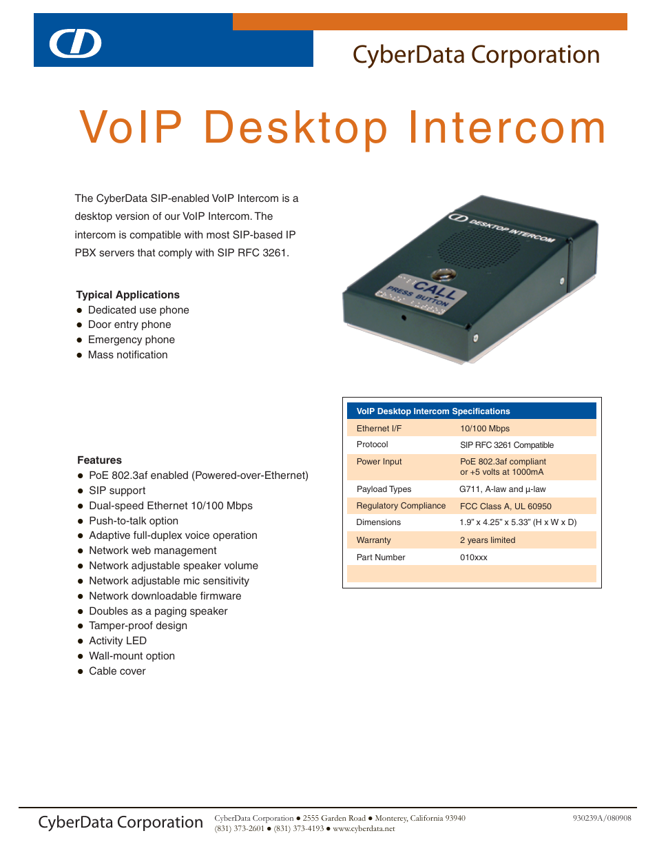 CyberData VoIP Desktop Intercom User Manual | 2 pages