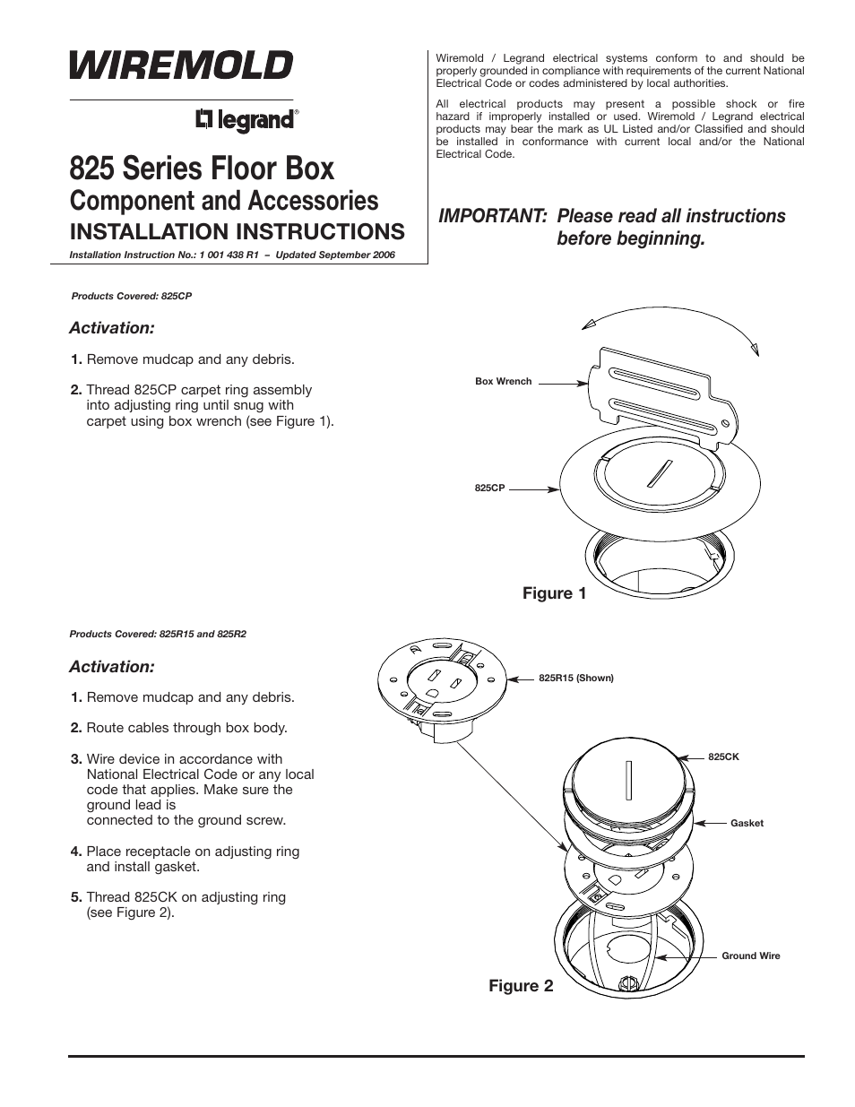 Legrand 825 Series Floor Box User Manual | 2 pages