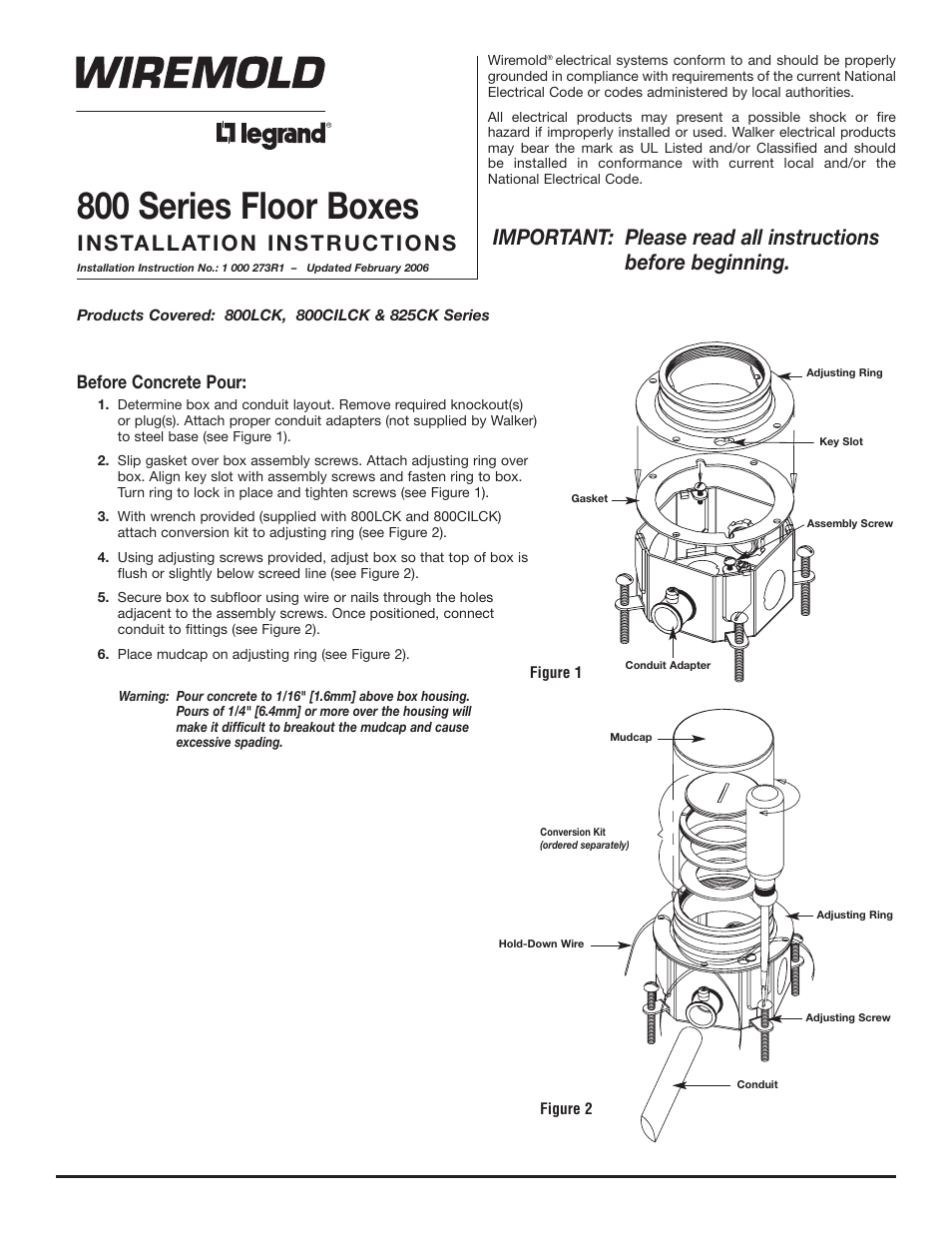 Legrand 800 Series Floor Boxes User Manual | 2 pages