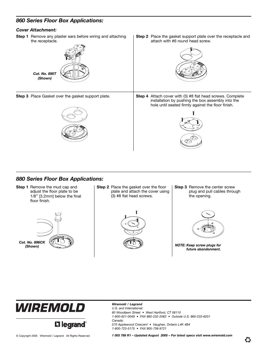 880 series floor box applications, 860 series floor box applications | Legrand 895 Series Floor Box Covers v.1 User Manual | Page 2 / 2