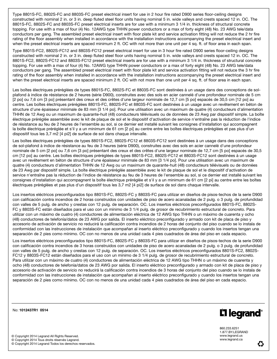 Legrand 8801S-FC Series User Manual | Page 8 / 8