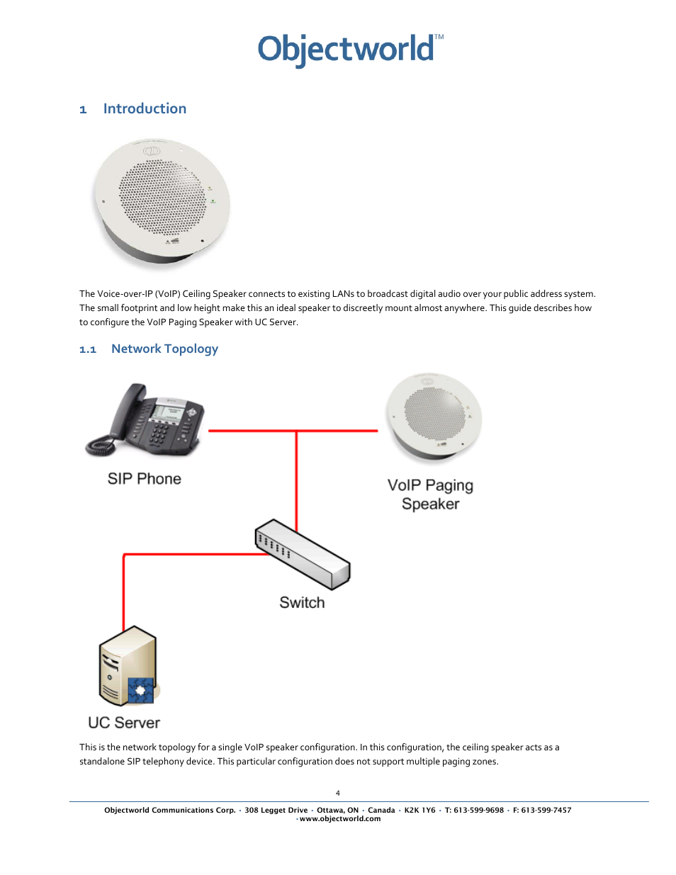 1 introduction, 1 network topology | CyberData VoIP Ceiling Speaker User Manual | Page 6 / 14