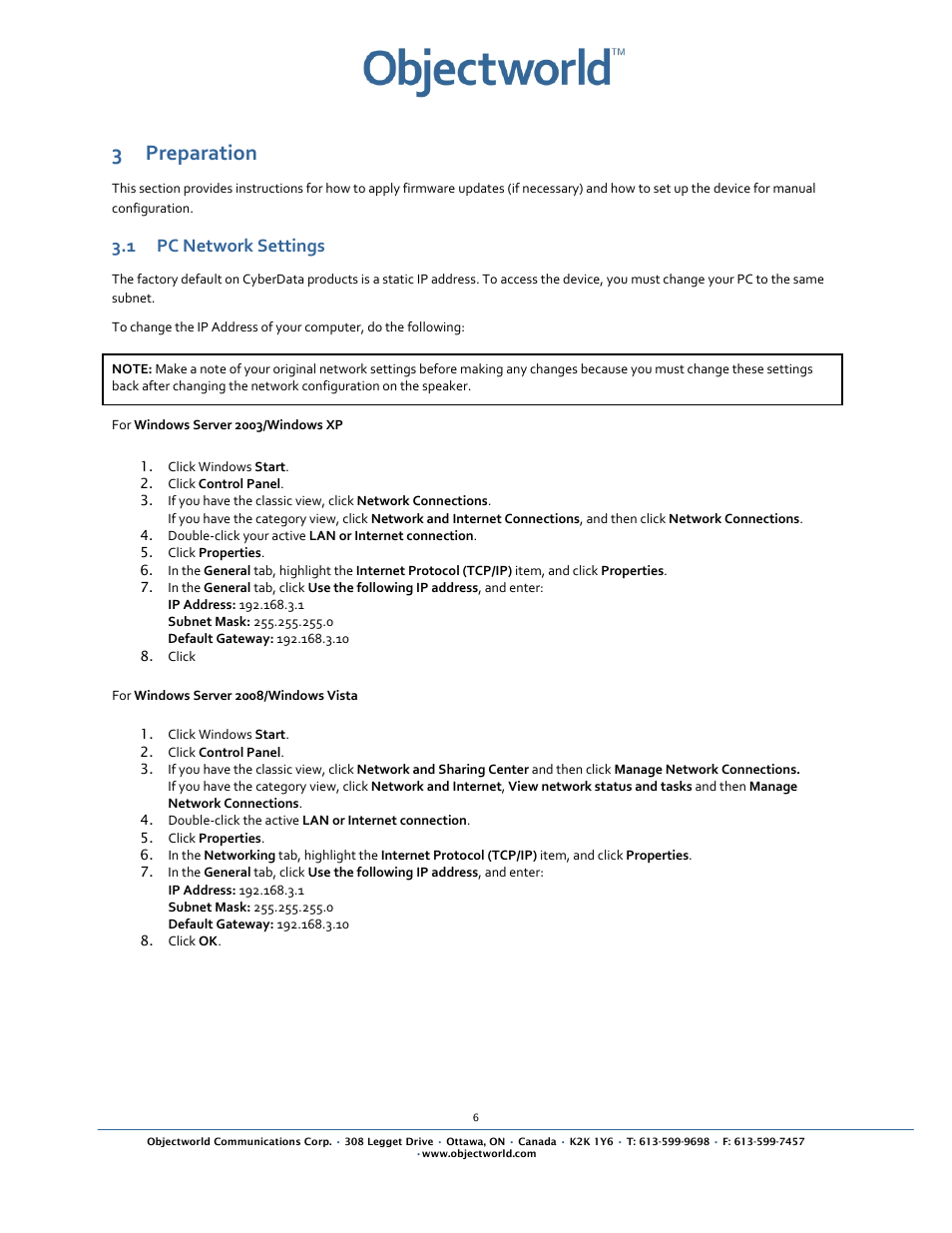 3 preparation, 1 pc network settings | CyberData VoIP Ceiling Speaker User Manual | Page 8 / 14