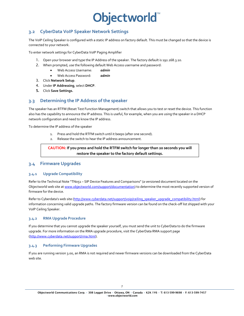 2 cyberdata voip speaker network settings, 3 determining the ip address of the speaker, 4 firmware upgrades | 1 upgrade compatibility, 2 rma upgrade procedure, 3 performing firmware upgrades | CyberData VoIP Ceiling Speaker User Manual | Page 9 / 14