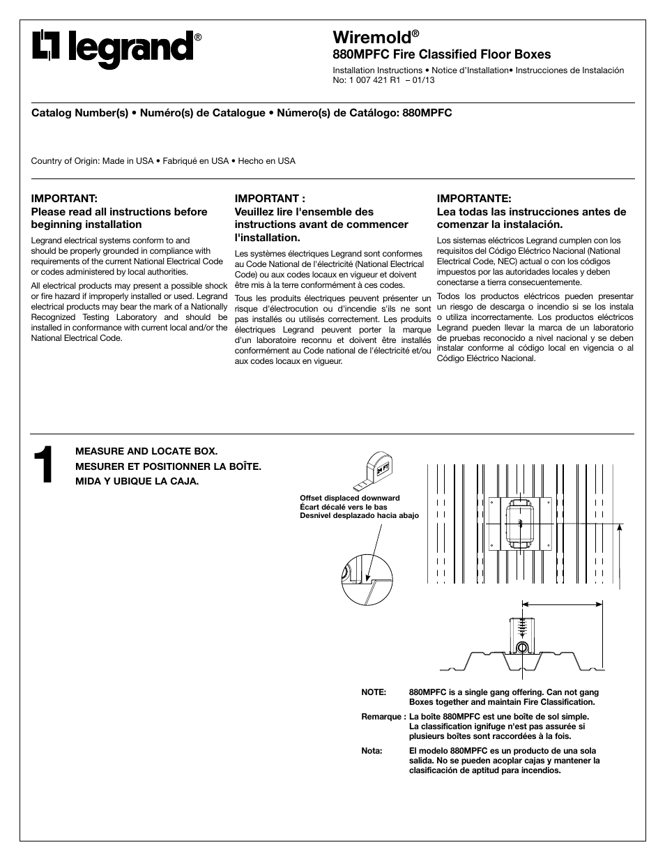 Legrand 880MPFC Fire Classified Floor Boxes User Manual | 4 pages