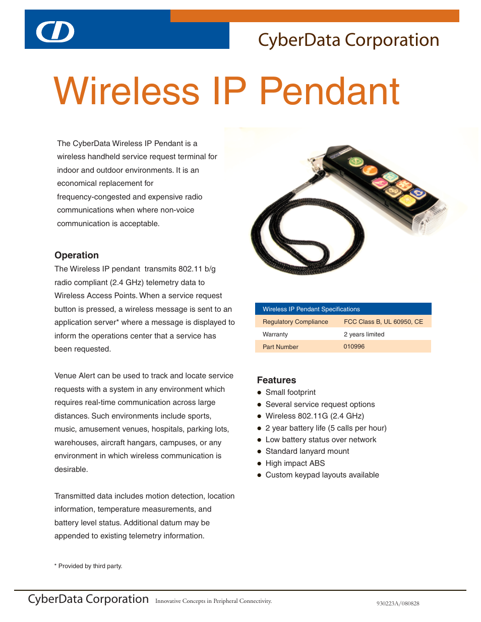 CyberData Wireless IP Pendant User Manual | 2 pages