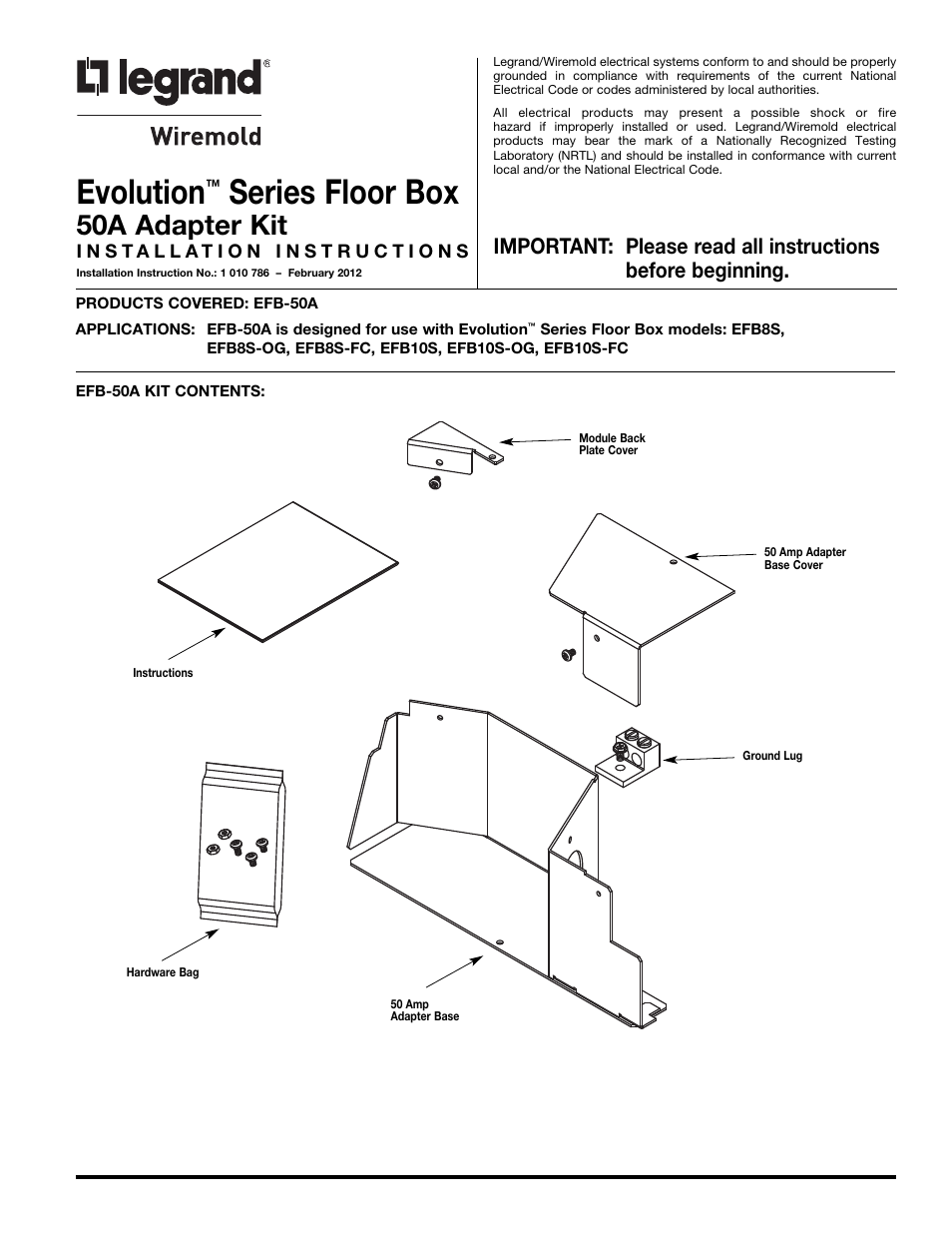 Legrand Evolution Series Floor Box 50A Adapter Kit User Manual | 4 pages