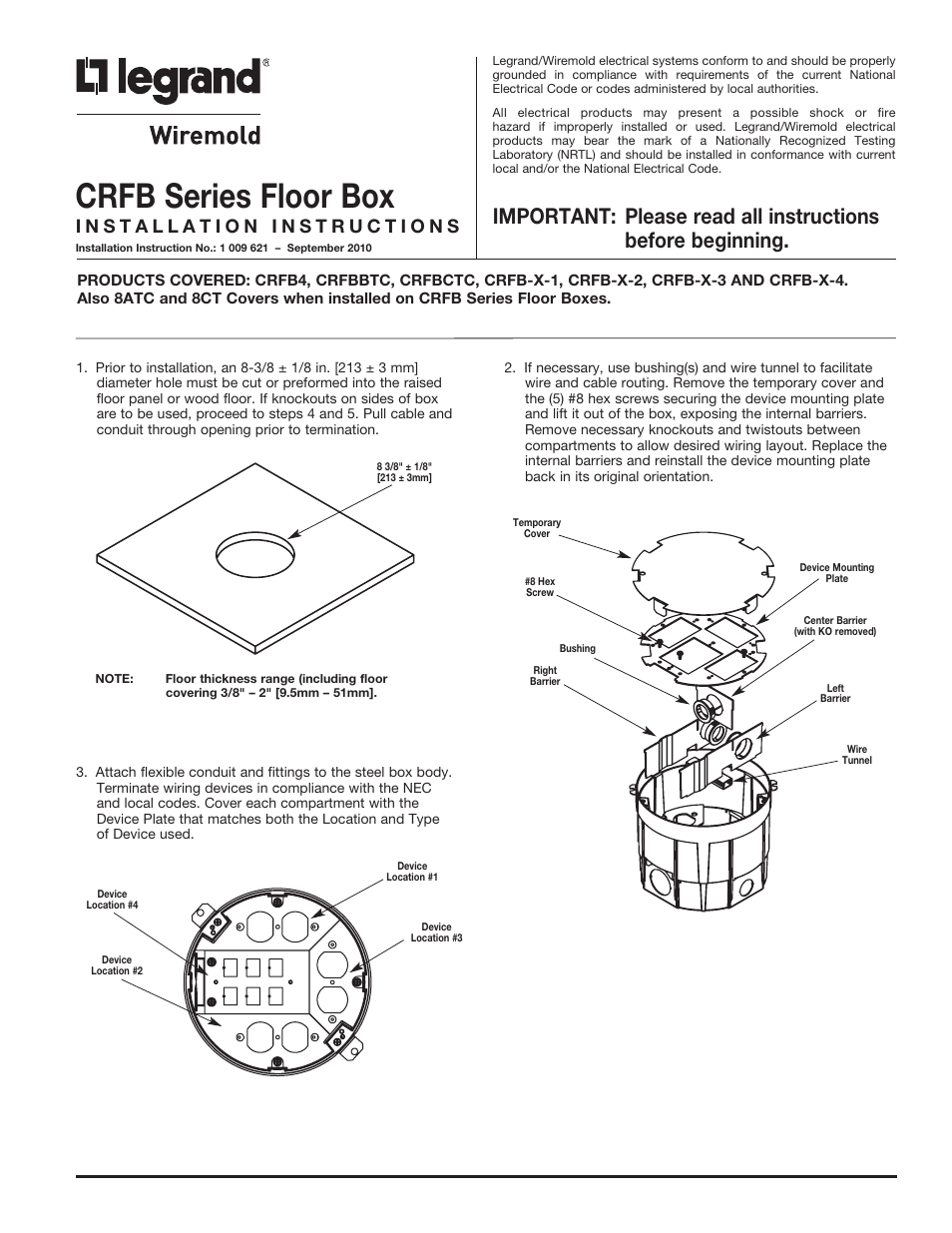 Legrand CRFB Series Floor Box User Manual | 4 pages