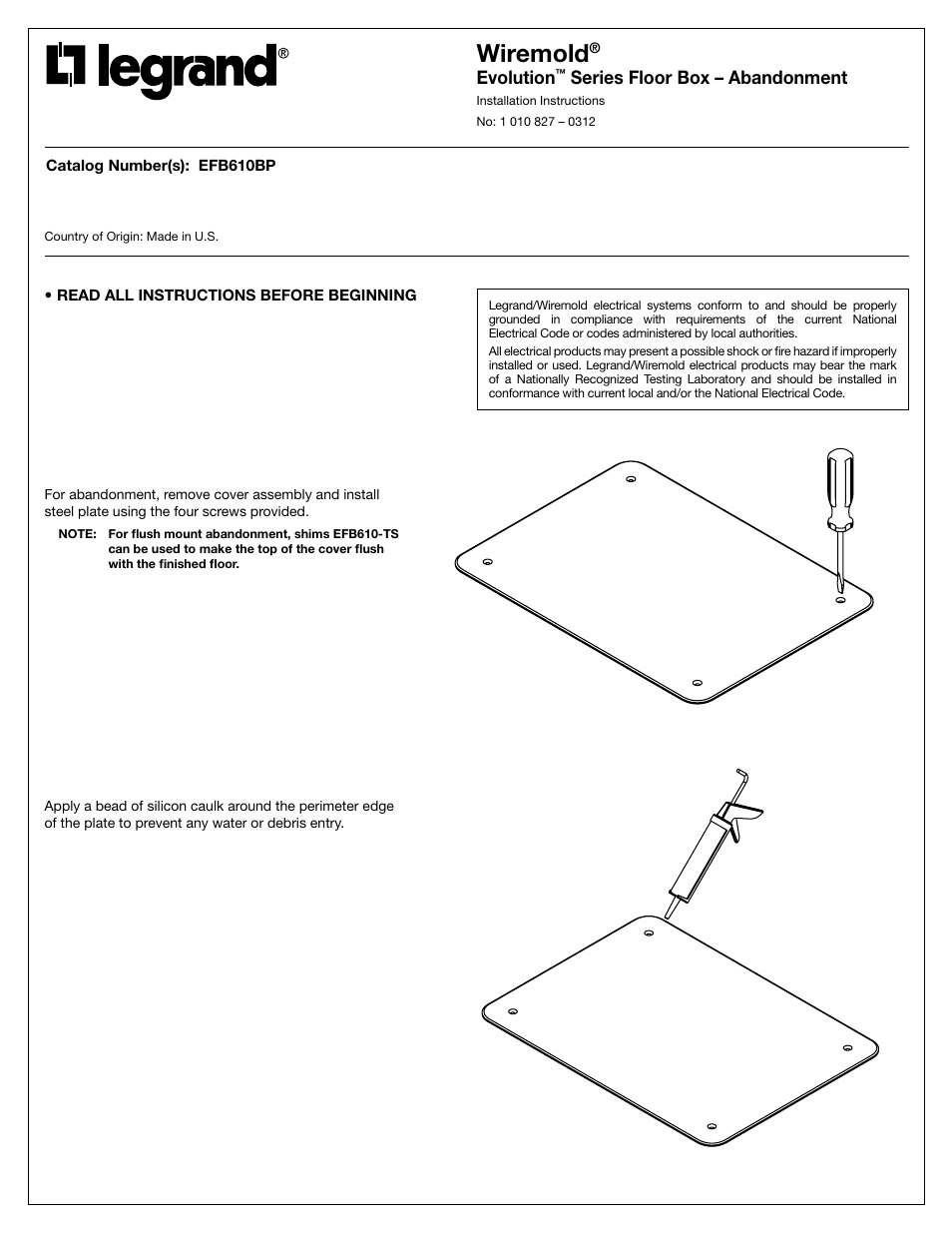 Legrand EFB610BP User Manual | 2 pages